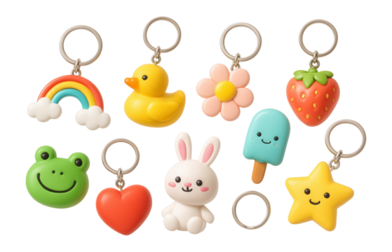 A collection of colorful cute keychains featuring designs like a duck, rainbow, flower, strawberry, frog, rabbit, popsicle, heart, and star on transparent background. - Powered by Adobe