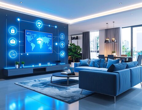 Modern living room with smart home technology interface displayed on a large screen - Powered by Adobe