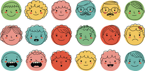Colorful illustrated faces, emotional expressions, cartoon emotions grid, happy, sad, surprised, angry, diverse characters