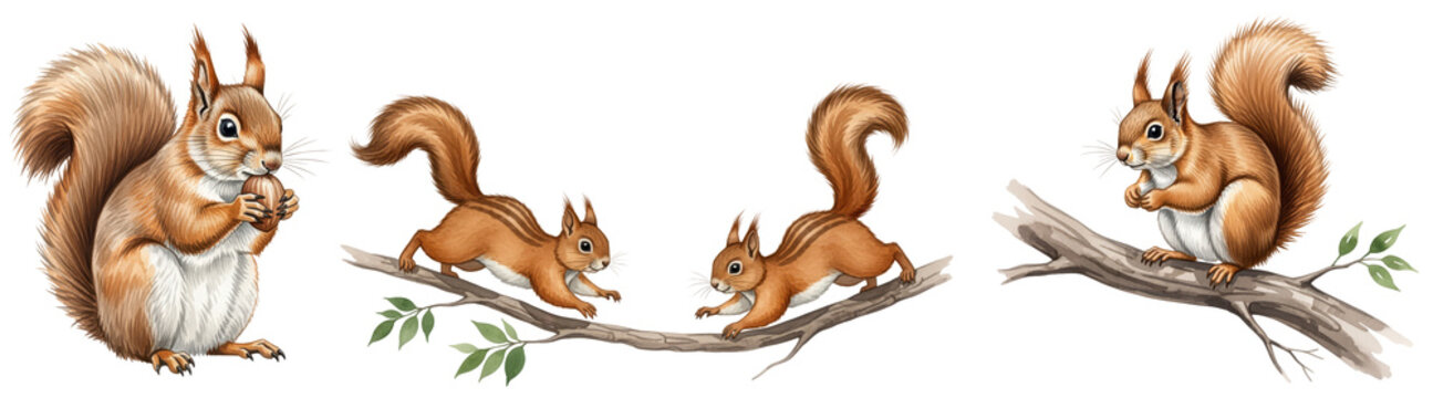 cute watercolour paintings of a red squirrel  family eating nuts and running on a branch