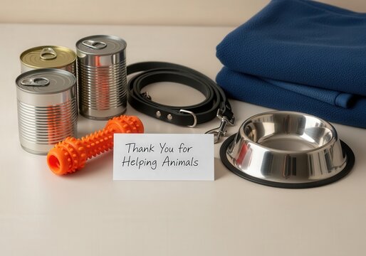 Animal care supplies with dog leash, bowls, and canned food with note saying "Thank You for Helping Animals"