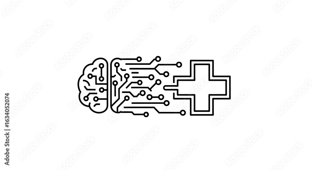Poster a brain connected to a plus sign with circuits in black and white on a plain white background view a