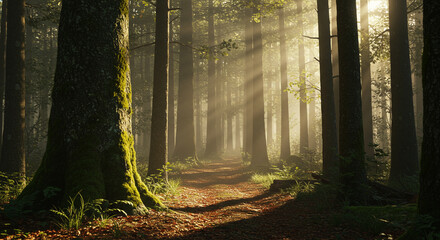 Fototapeta premium Enchanted Forest Path in Morning Mist