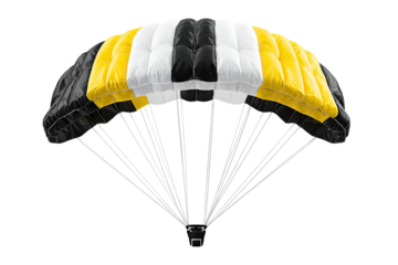 Striped parachute, open, black, white, yellow