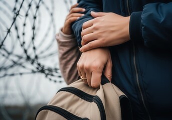 Close-up of supportive hands near barbed wire, refugee concept