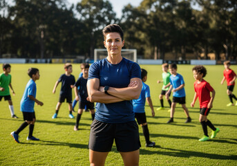 Confident female soccer coach with young players on field