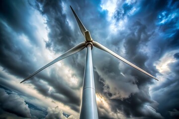 Majestic wind turbine reaching towards a dramatic stormy sky