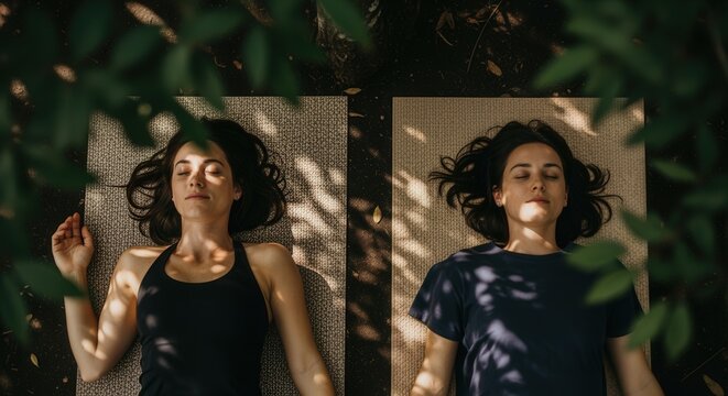 Two young women relaxing on mats under dappled tree light - Powered by Adobe
