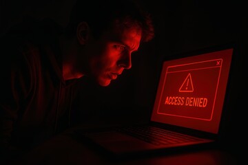 Concerned man at laptop with red access denied screen in dark room
