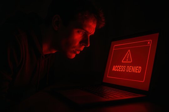 Concerned man at laptop with red access denied screen in dark room