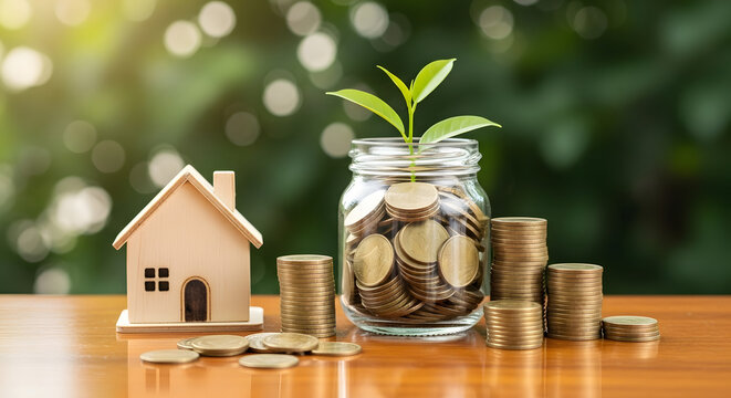 A glass jar full of coins with a model house inside, illustrating saving money for a down payment on a home.