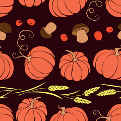 Vector seamless pattern of autumn harvest symbols: pumpkins, wheat ears, berries, mushrooms in flat doodle style. Colorful background, texture. Theme: forest, happy autumn, Thanksgiving