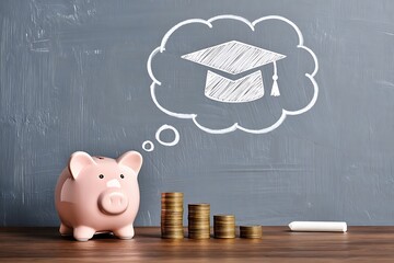 A pink piggy bank sits on a wooden surface with a stack of coins in front of it symbolizing saving for education with a graduation cap drawn in a thought bubble above