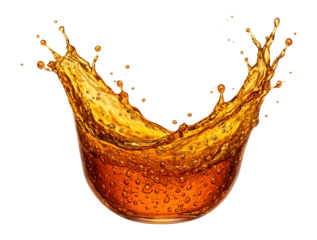 Dynamic splash of amber liquid with bubbles suspended in motion, creating an energetic wave shape on transparent background.