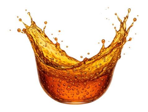 Dynamic splash of amber liquid with bubbles suspended in motion, creating an energetic wave shape on transparent background.