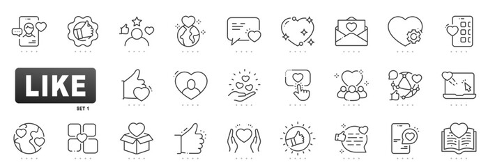 Editable outline vector social media icon set featuring like, heart, engagement, reaction, click, share, community, network, feedback and digital interactions