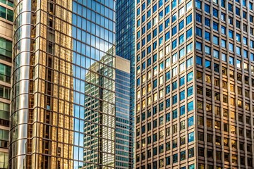 Fototapeta premium Modern glass skyscrapers reflecting golden sunlight in a cityscape