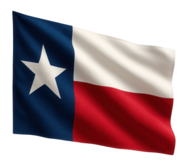Texas state flag featuring one star on a blue vertical stripe and horizontal white and red stripes, on transparent background.