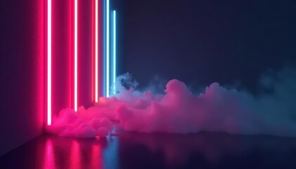 Tilted neon tubes pierce dense fog; stark contrast on dark wall , beam, art, lights
