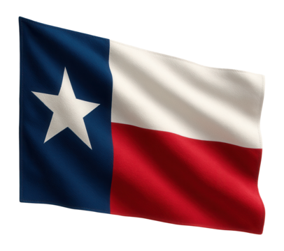 Texas state flag featuring one star on a blue vertical stripe and horizontal white and red stripes, on transparent background.