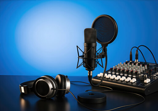 Professional podcast setup with microphone, mixer, and headphones. International Podcast Day - Powered by Adobe