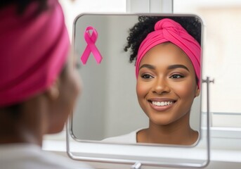 Smiling Black woman with pink headwrap looking in mirror with pink ribbon reflection. National Breast Cancer Awareness Month.