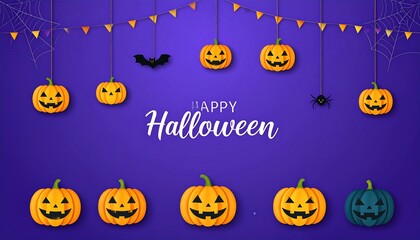 Colorful Halloween Decorations on Purple Background with Pumpkins