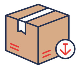 A sealed cardboard box awaiting delivery, indicated by a downward arrow.