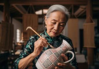 Elderly Asian woman painting pottery in artisan workshop