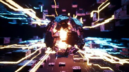Glowing sphere with digital energy lines and floating cubes, symbolizing artificial intelligence, data processing and cyber technology in a sci-fi virtual environment - Powered by Adobe
