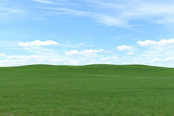 Fototapeta premium Vast, rolling green field under a clear blue sky dotted with white clouds