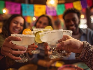 Four Colleagues Clinking Margarita Glasses Salt Rim Light Vibrant Papel Picado Bokeh Background f/2.8