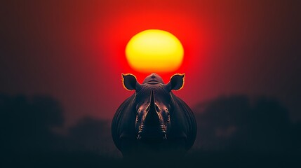 Silhouette of a rhinoceros at sunset.