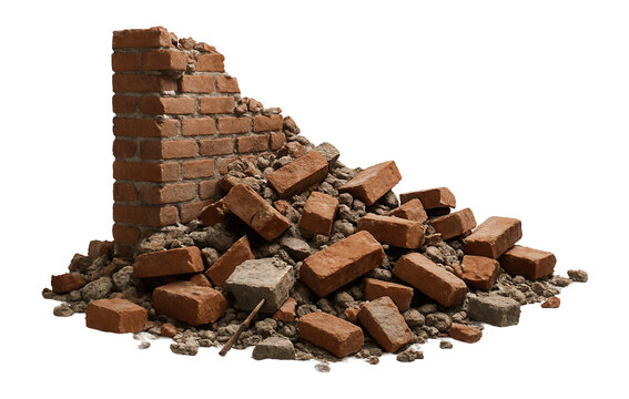 A partially collapsed brick wall with scattered bricks and debris, showing signs of wear and demolition on transparent background.