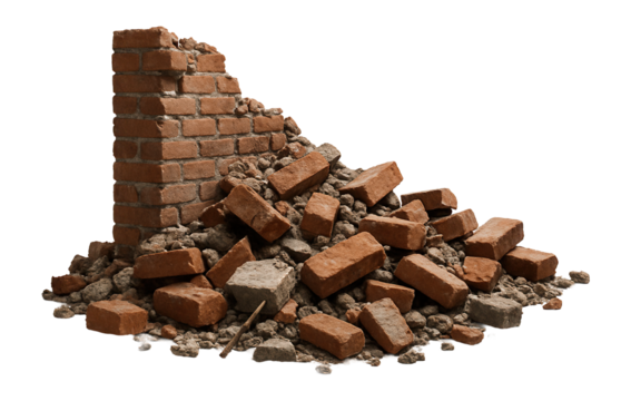 A partially collapsed brick wall with scattered bricks and debris, showing signs of wear and demolition on transparent background.