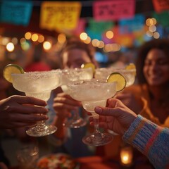 Four Colleagues Clinking Margarita Glasses Salt Rim Light Vibrant Papel Picado Bokeh Background f/2.8