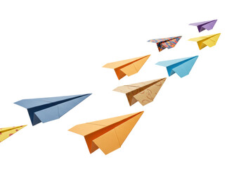 Isolated Collection of Colorful Paper Airplanes Flying