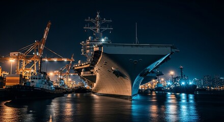 Aircraft Carrier Docked at Night with Cranes and Cityscape in Background