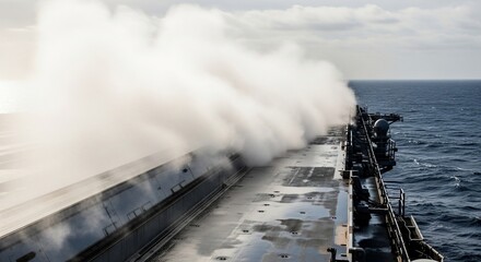 Aircraft Carrier Deck Steam Catapult Launch System with Ocean View, Naval Power.