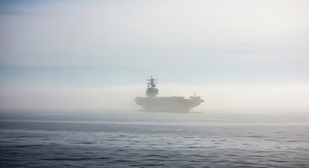 Obraz premium Aircraft Carrier in Fog: Naval Vessel on Water, Misty Seascape, Maritime Transport