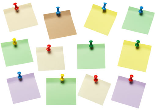 Isolated Collection of Colorful Sticky Notes with Push Pins