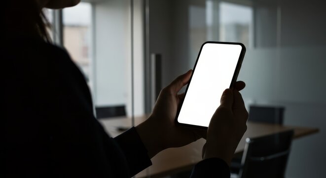 Silhouette of a person using a blank screen smartphone in a dimly lit office space. - Powered by Adobe