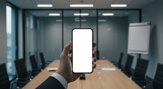 Businessperson holding a smartphone with blank screen in a conference room.