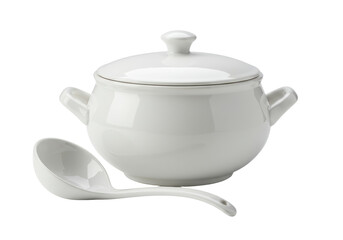 Isolated White Ceramic Soup Tureen with Ladle and Lid