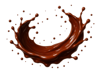 Dynamic splash of rich, creamy chocolate with droplets captured mid-air, forming an artistic and fluid arc on transparent background.