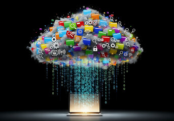 Photo of cloud computing with digital data streams and application icons