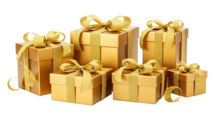Decorative gold gift boxes with ribbons arranged in various sizes cutout isolated on transparent bg, png