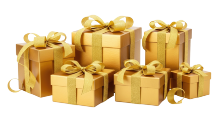 Decorative gold gift boxes with ribbons arranged in various sizes cutout isolated on transparent bg, png