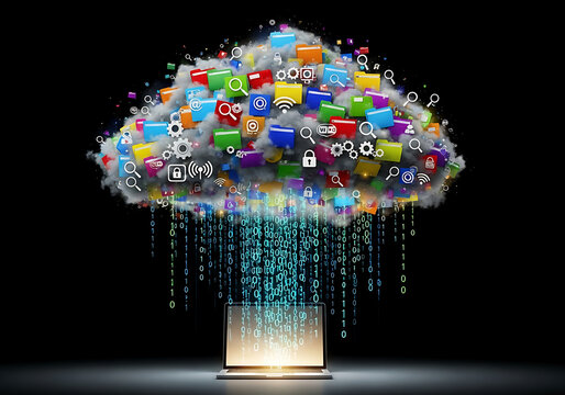 Photo of cloud computing with digital data streams and application icons