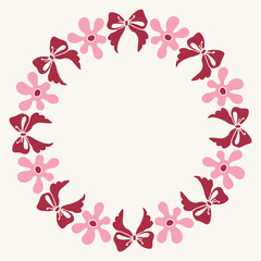 Pink Daisy and Ribbon Wreath. Romantic Hand Drawn Circle Frame. Whimsical Chamomile and bow circular border in pastel hues for invitations, scrapbooking, and romantic stationery. Vector illustration